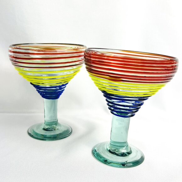 Mexican Hand-Blown Striped Margarita Glasses Heavy Large Barware 12 oz. Set of 2 - Picture 1 of 8